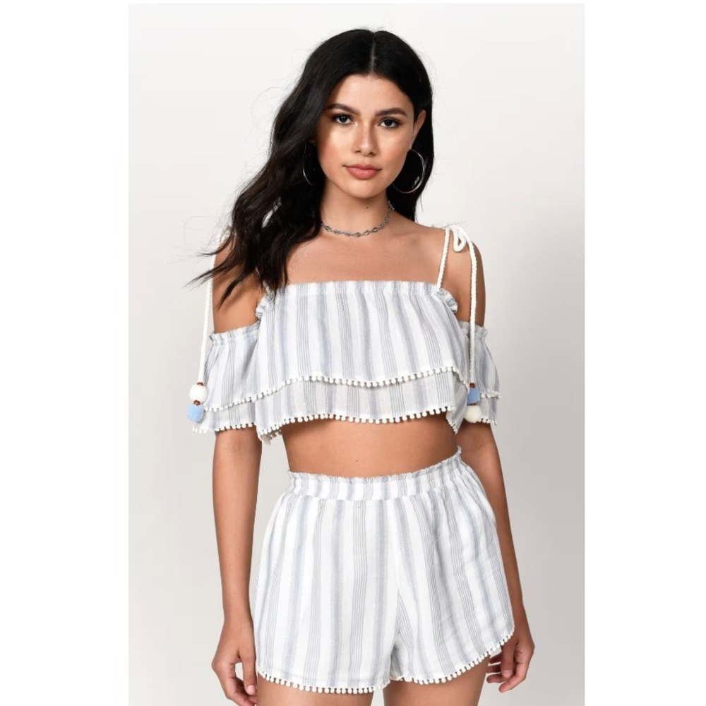 Tobi Womens Luelle Crop Top Med Blue & White Cottagecore Boho July 4th